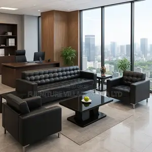 Office Sofa; Black 5-seater Office Leather Sofa