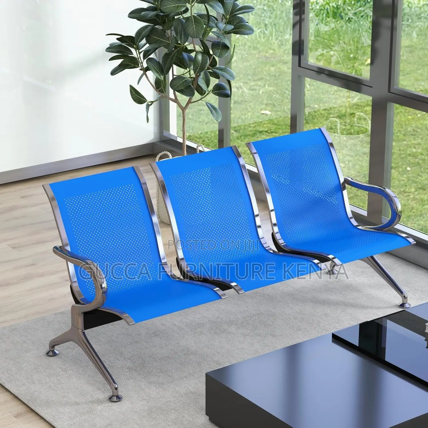 Blue 3-link Office Reception Waiting Bench