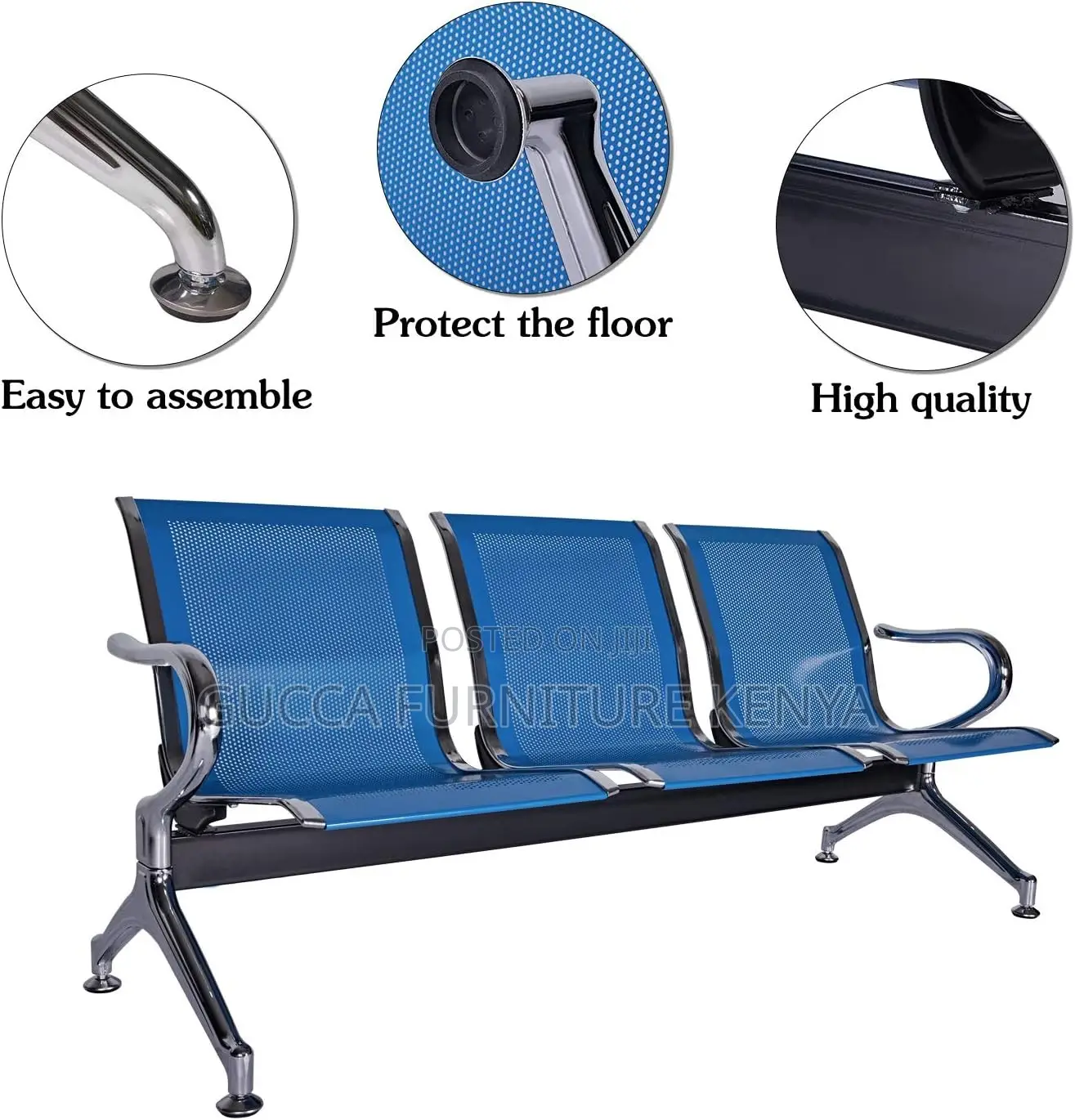 Blue 3-link Office Reception Waiting Bench