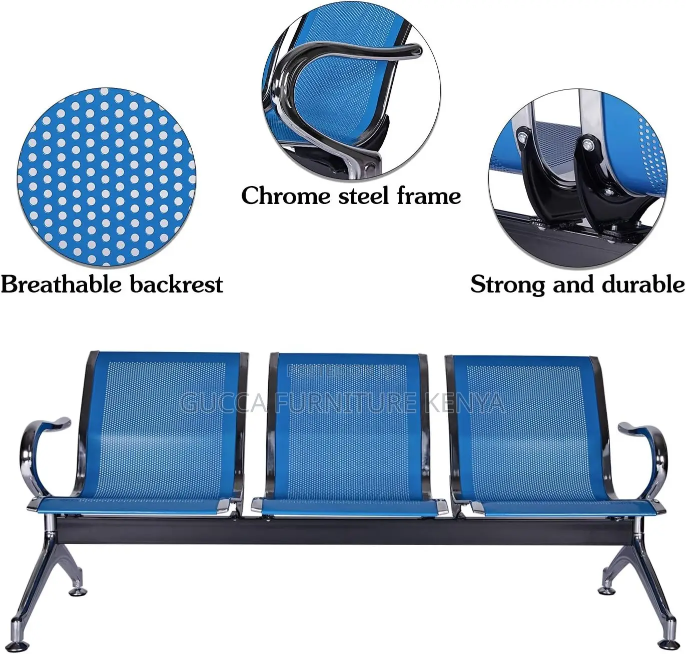 Blue 3-link Office Reception Waiting Bench