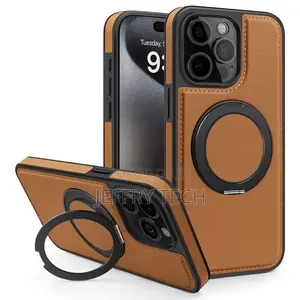 iPhone 15 Pro Max Brown Pu Leather Case With Ring Kickstand Compatible