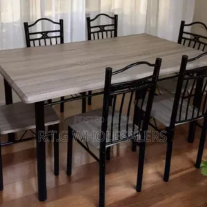 Executive 6‐Seater Dining Table Set – Metal Frame Wooden Top