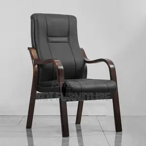 Office Chair:Executive Visitor Chair – Black Leather With Wooden Frame