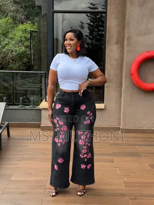 Black Fashionnova Floral Embroidery Wide Leg Jeans