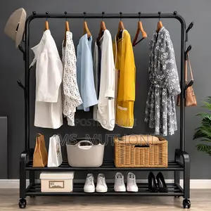 Black * Modern Clothes Rack Stand With 2 Lower Shelves *