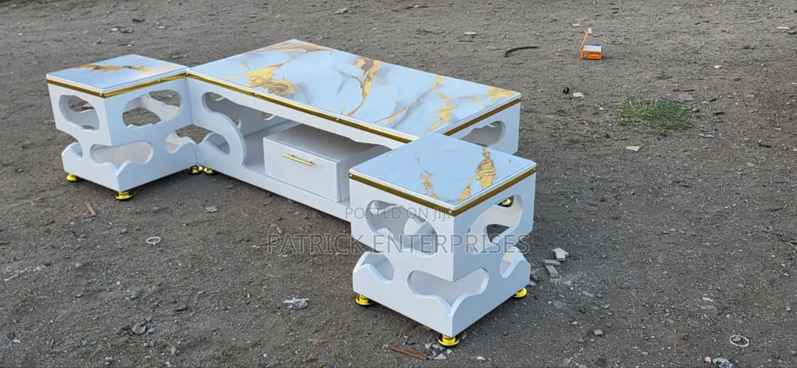 Modern Top Ceramic/ Glass Coffee Table With Two Stools.