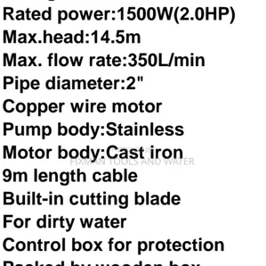 Total Sewage Drainage Pump 2 Hp 2" Pipe 1500 Watts