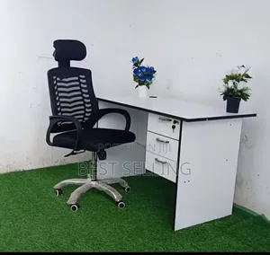 White 1.2m Office Desk and Black Headrest Chair