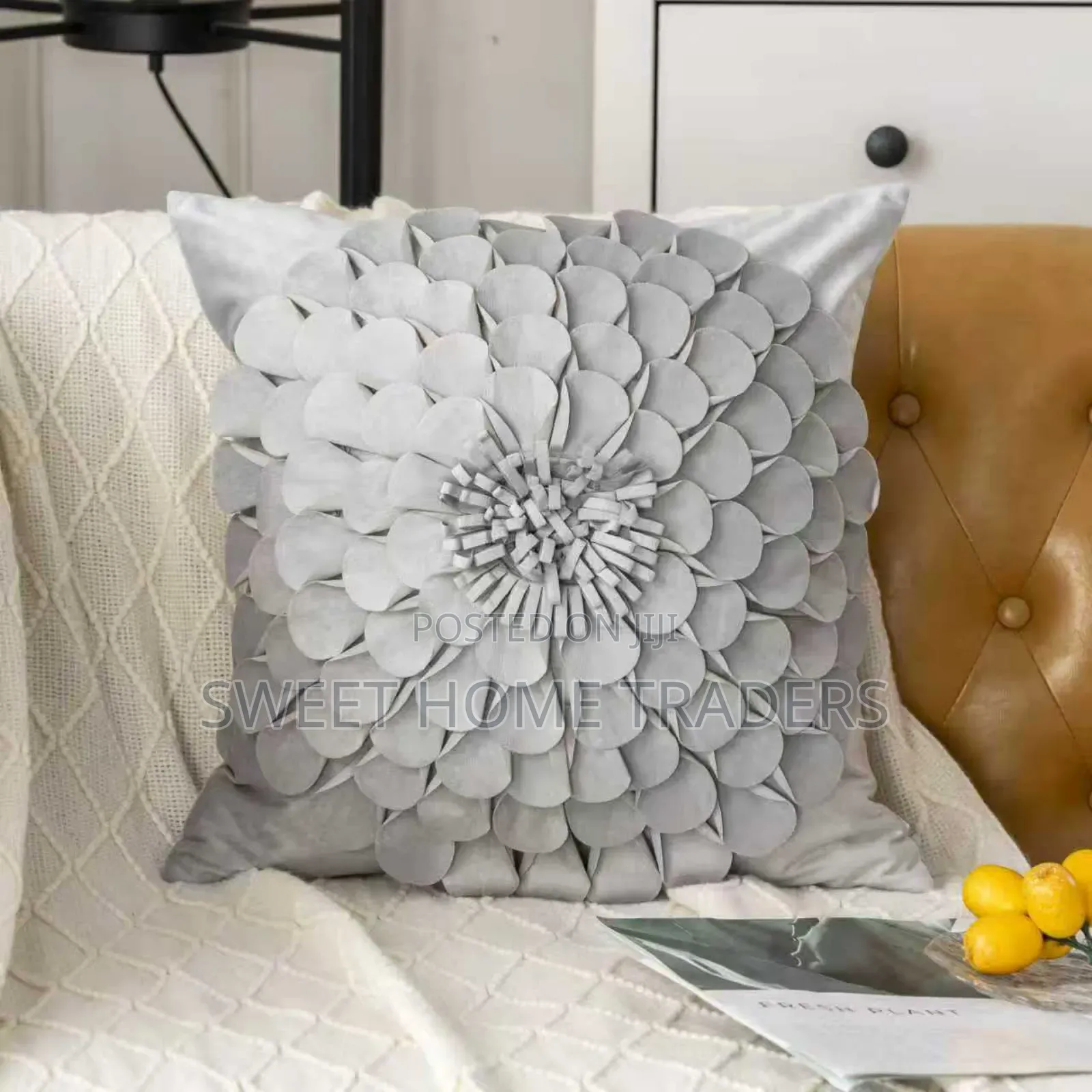 Grey Velvet Flower Throw Pillow Case