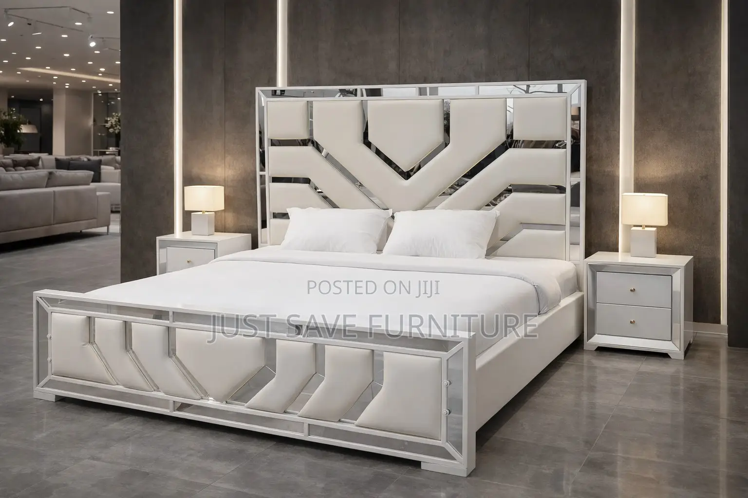 Modern Luxury White King Size Bed With Mirror Design+Bedside Cabinets