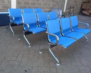 3-Link Blue Metallic Waiting Benches, Often Used in Offices