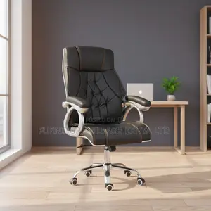 Office Chair; Black Leather With Wheels Office Chair