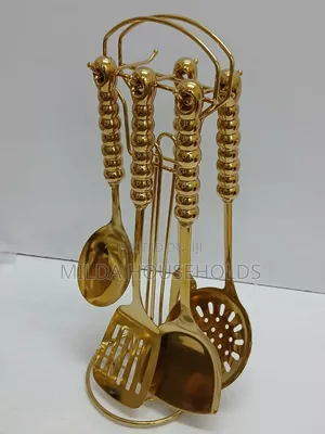 *6 in 1 Gold Vanished Serving Spoon Set With Stand and Ceramic Handle