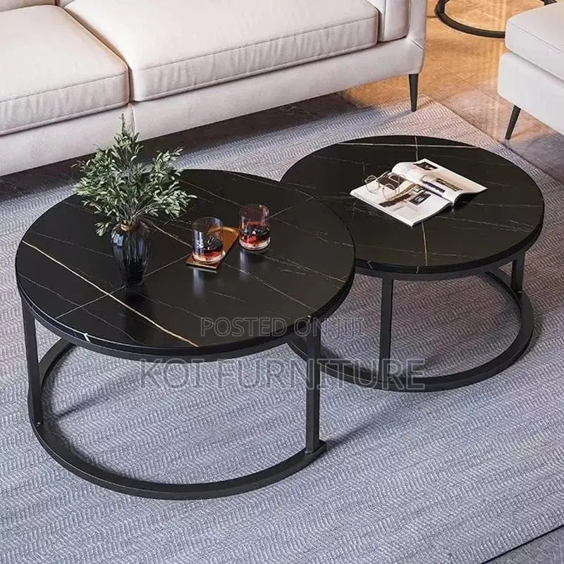Coffee Table; Round Black Marble Coffee Table