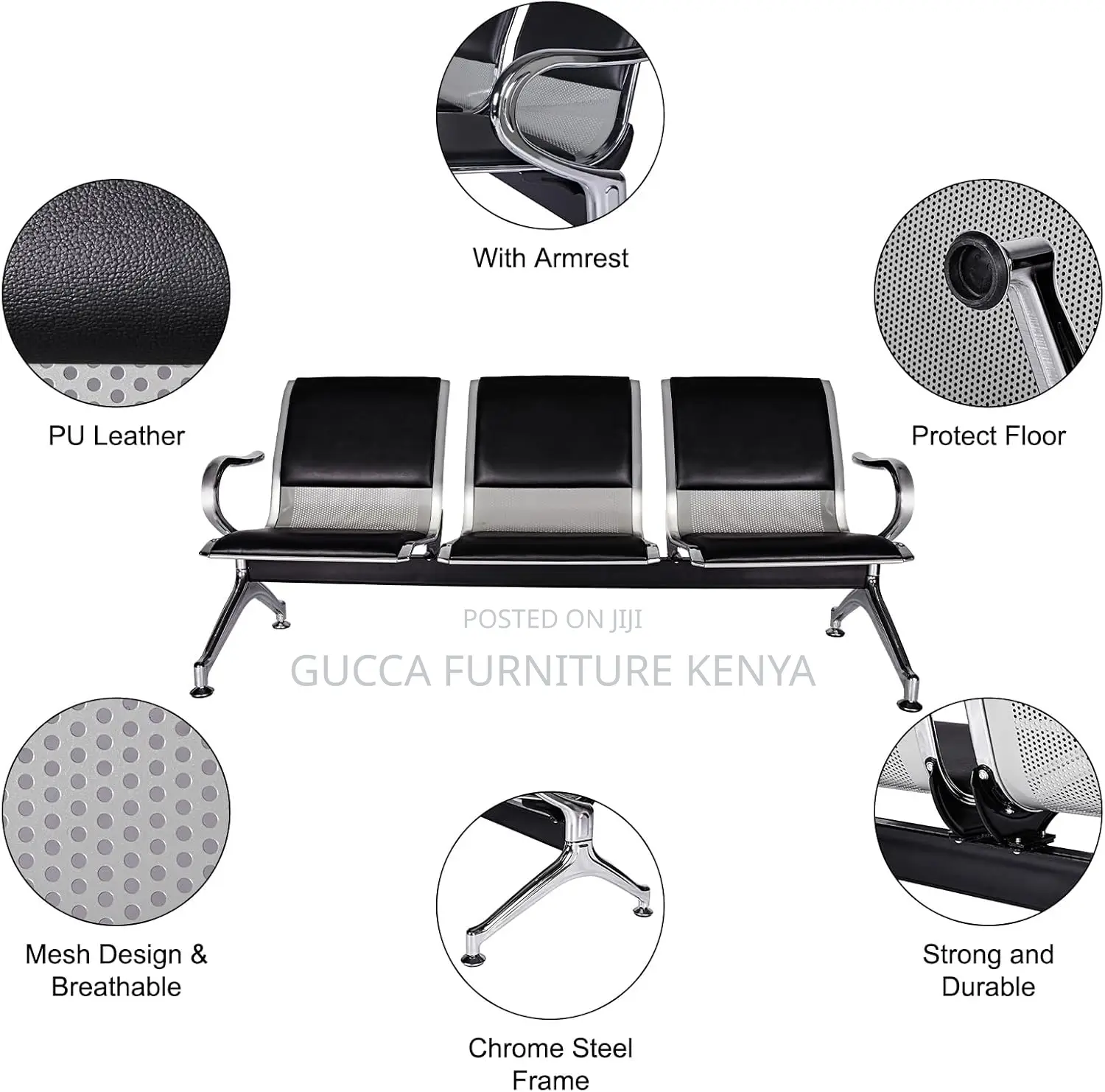 3-link Padded Office Reception Waiting Bench