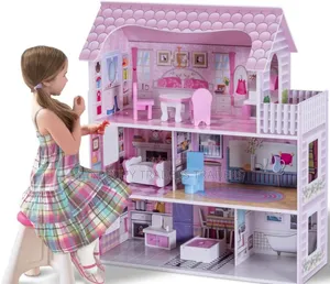 Pink Wooden Kids Doll House With Furniture Set