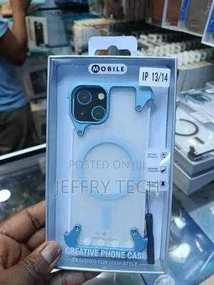 Phone Case With a Blue Metallic Frame and iPhone 13 and iPhone 14 Mode