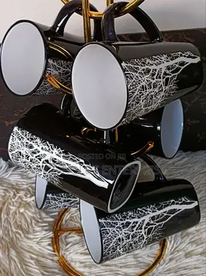 6 Pieces Black Ceramic Cups With Unique Tree Design