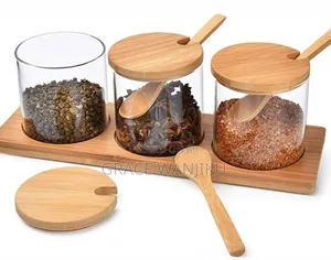 High Quality 3in1 Glass Sugar Set With Bamboo Stand, Lids and Spoons