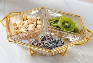 Diamond Shaped Acrylic Dish on Metallic Golden Frame Nut and Candy