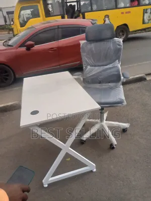 White Metallic Stand Table and White Brown Executive Chair
