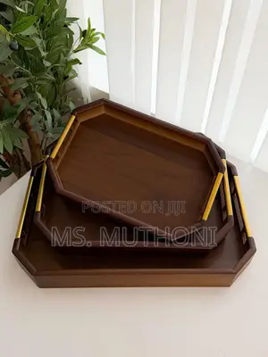 3pcs Premium Wooden Serving Tray Set With Decorative Gold Handles,