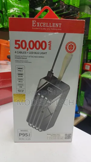 Excellent P95 50,000 Mah Power Bank, 4 Cables. Led Big Light