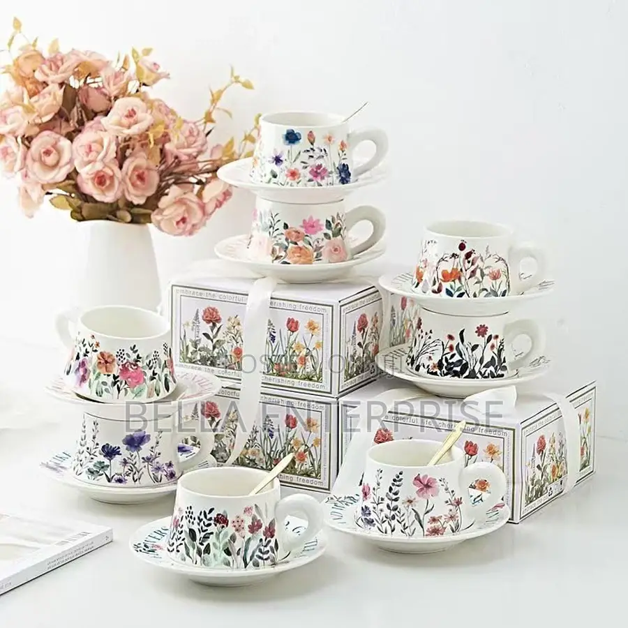 Available Elegant Retro Hand-Printed Peony Flower Coffee Cups Saucer