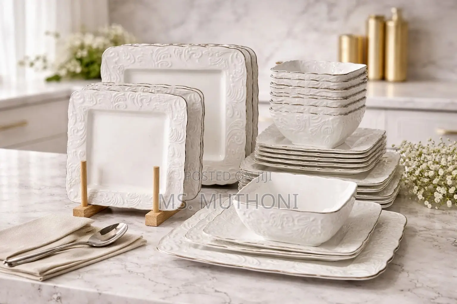 24-Piece Porcelain Dinnerware Set Ft Square White Plates Bowls
