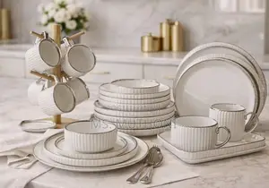 32-Piece Luxury Nordic Style Ceramic Dinnerware Set With a Silver Rim