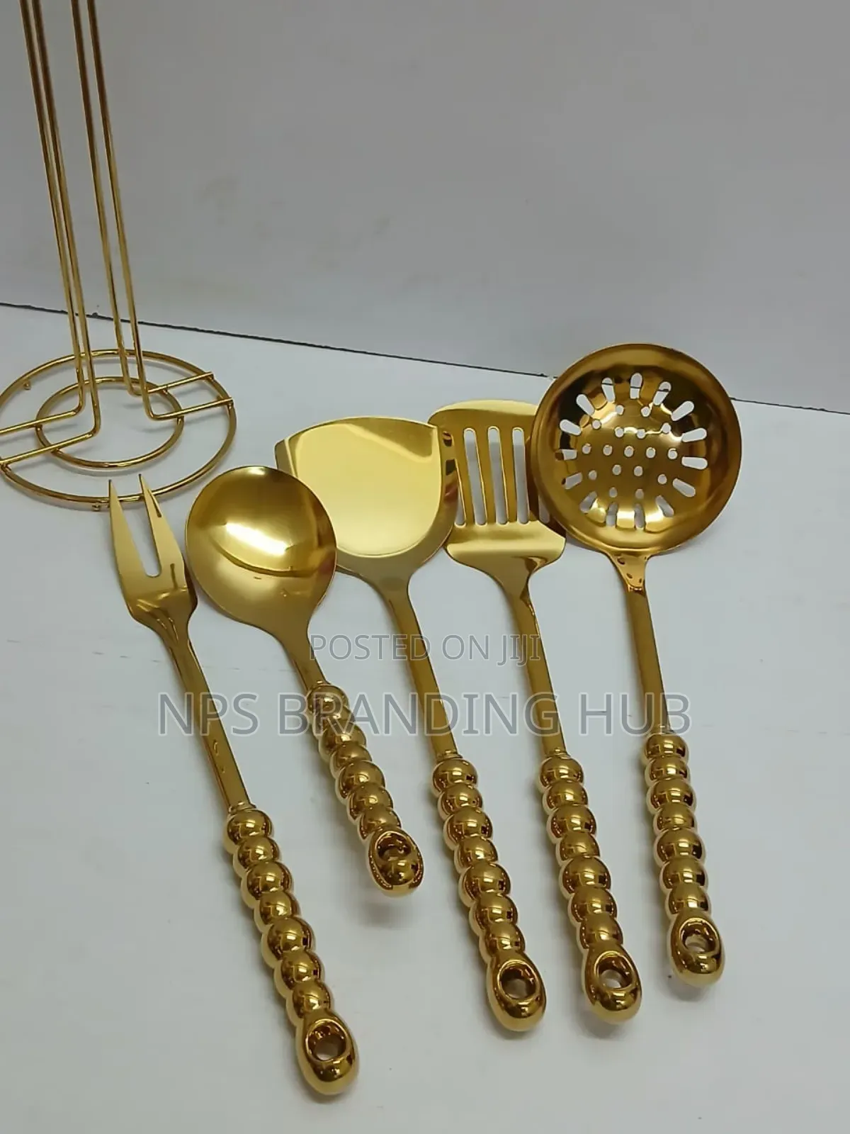 6 in 1 Gold Vanished Serving Spoon Set With Stand Ceramic Handle Ao