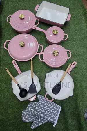 High End Pink and Gold Enameled Cast Iron Cookware (12 Pcs)