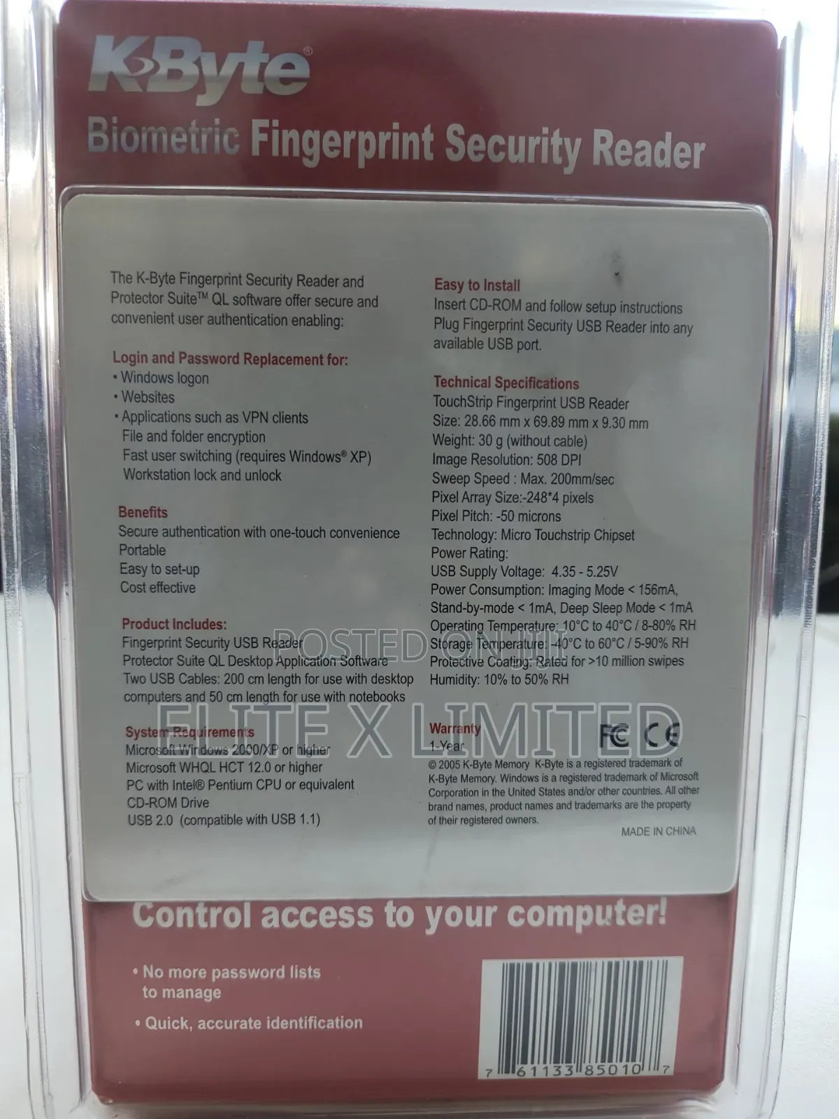 K-Byte Biometric Fingerprint Security Reader
