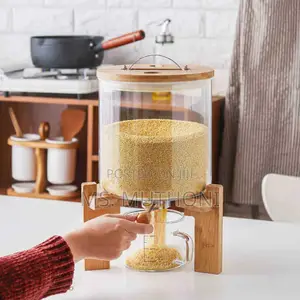 5l / 7.5 L Glass Rice Dispenser Featuring a Bamboo Stand.