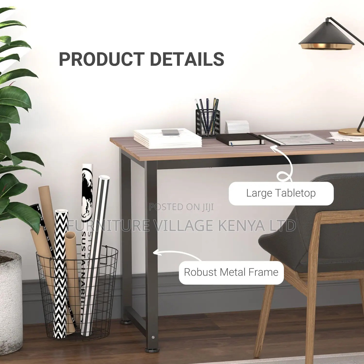 Office Table ; 1.2 Meter Brown Metallic Frame Study Office Table