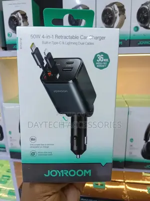 Joyroom 4 in 1 Car Charger With 50w Fast Charging Retractable Cables.