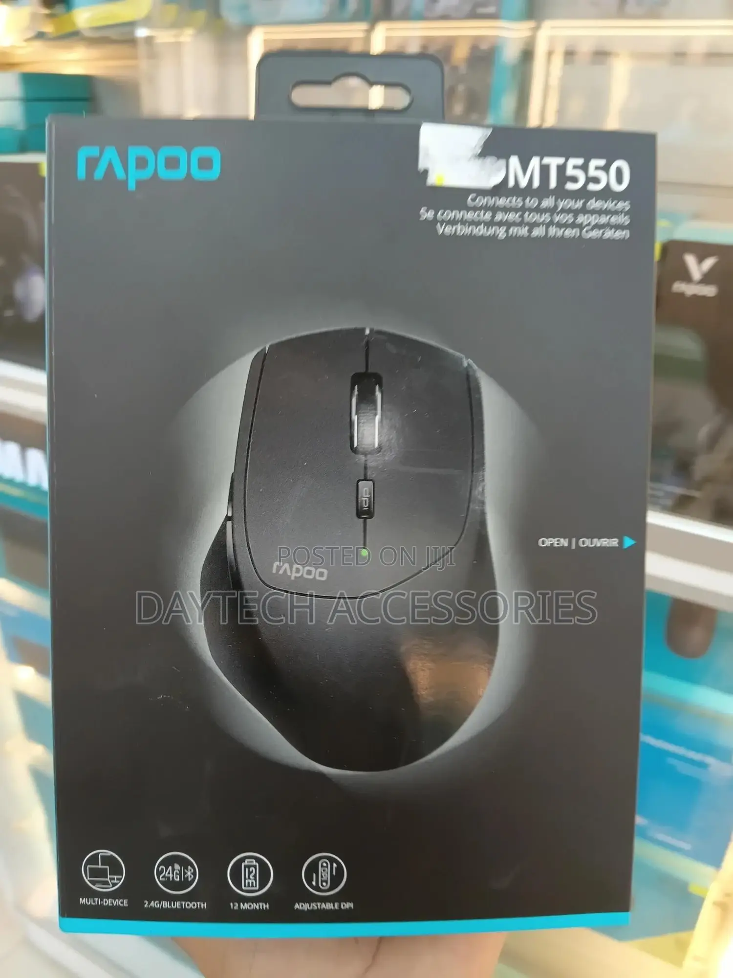 This Is a Rapoo Mt550 Multi-Mode Wireless Mouse.