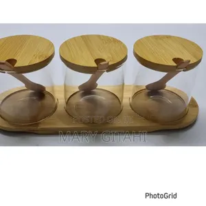 High Quality 3in1 Glass Sugar Set With Bamboo Stand, Lids and Spoons