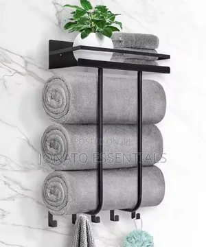 3-in-1 Bathroom Towel Rack With Shelf 5 Hooks - Black