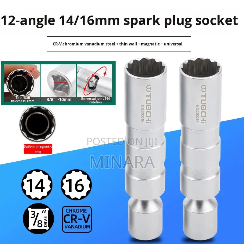 2 Pc, Magnetic Swivel Spark Plug Socket Set, 14mm 16mm, 3/8” Sockets