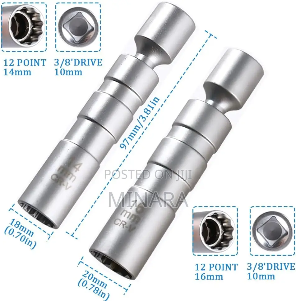 2 Pc, Magnetic Swivel Spark Plug Socket Set, 14mm 16mm, 3/8” Sockets
