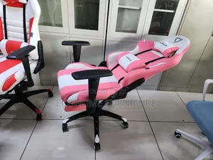 Pink White Gaming Chair With Reclining Back and Adjustable Hands