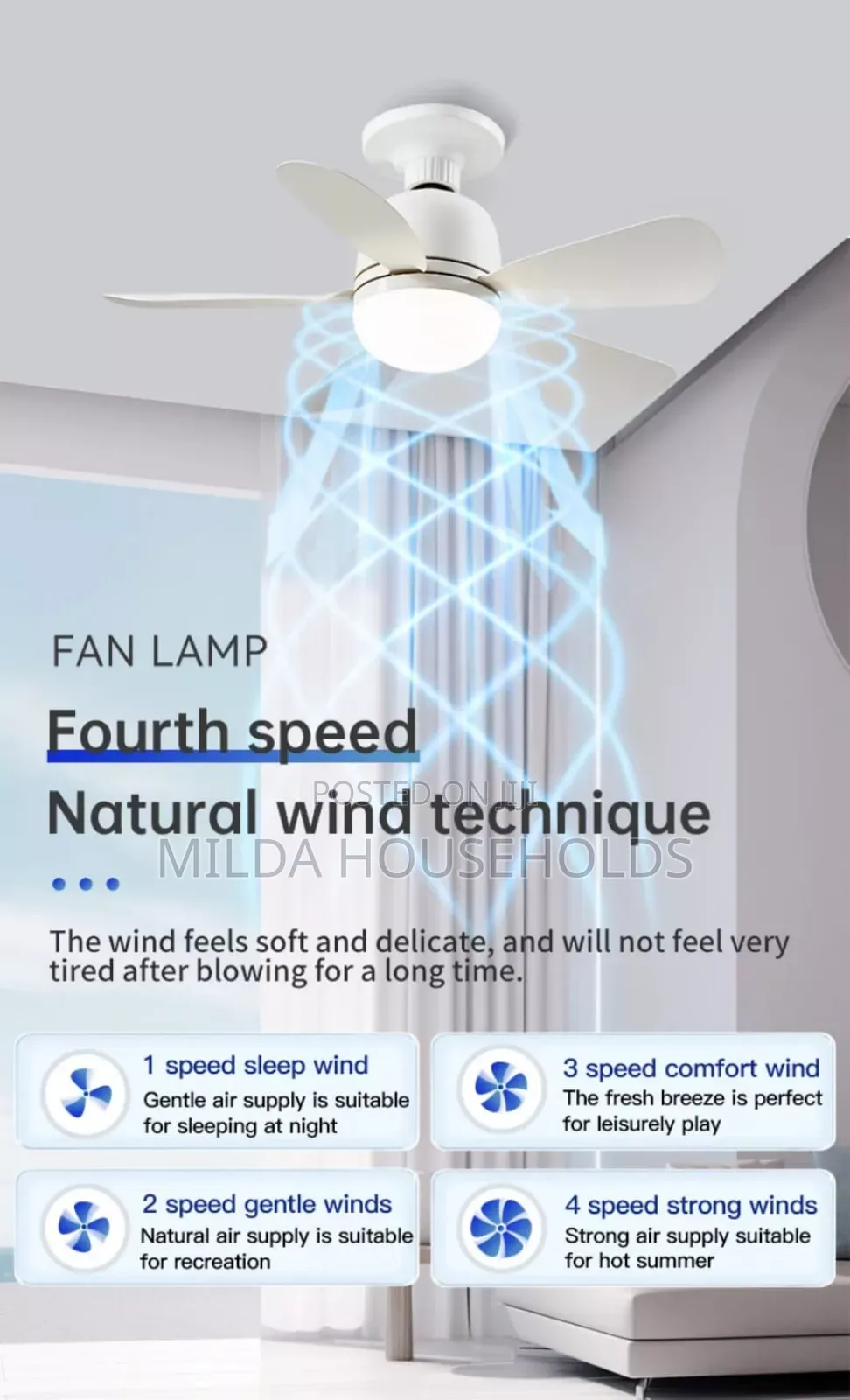 Remote Controlled Socket Ceiling Fan With an Integrated Led Light.