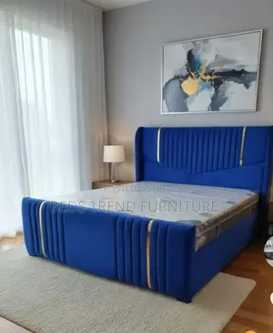 6x6 Upholstered Bed Blue With Gold Accents.