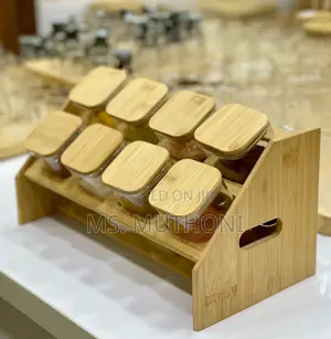 8-Piece Square Glass Spice Jar Set With a Bamboo Stand and Lids