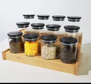 Black Lid 12pcs Round Air Tight Spice Storage Jars.