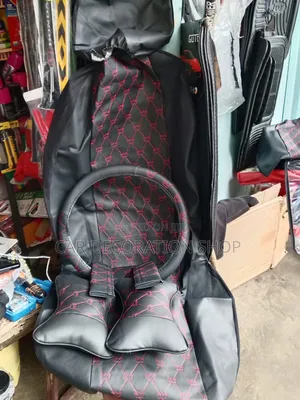 Leather Black Red Stitched Seat Cushion With Pillow, Steering,Belt Pad