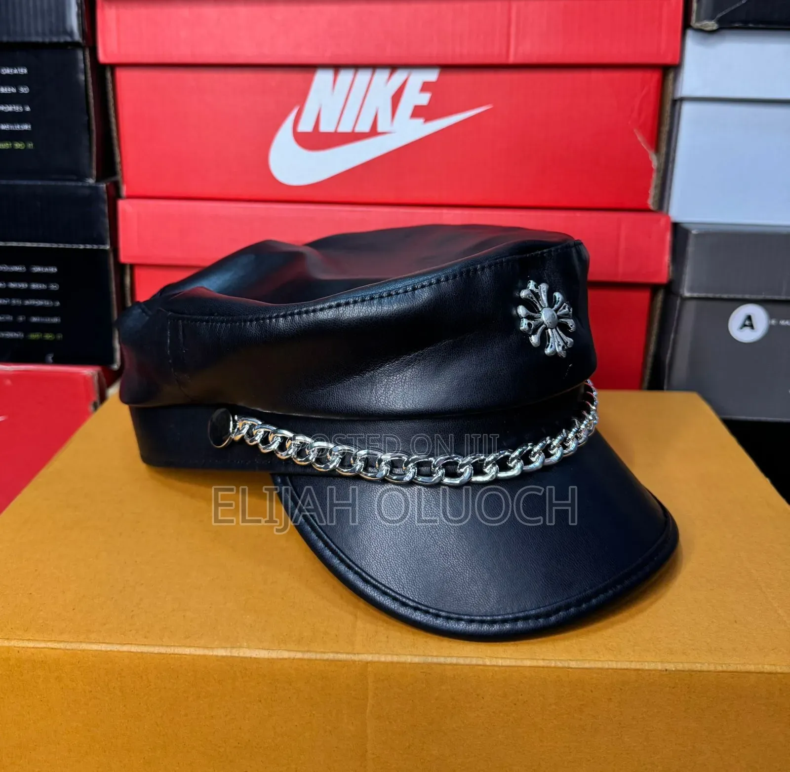 Black Leather Chrome Heart Cap