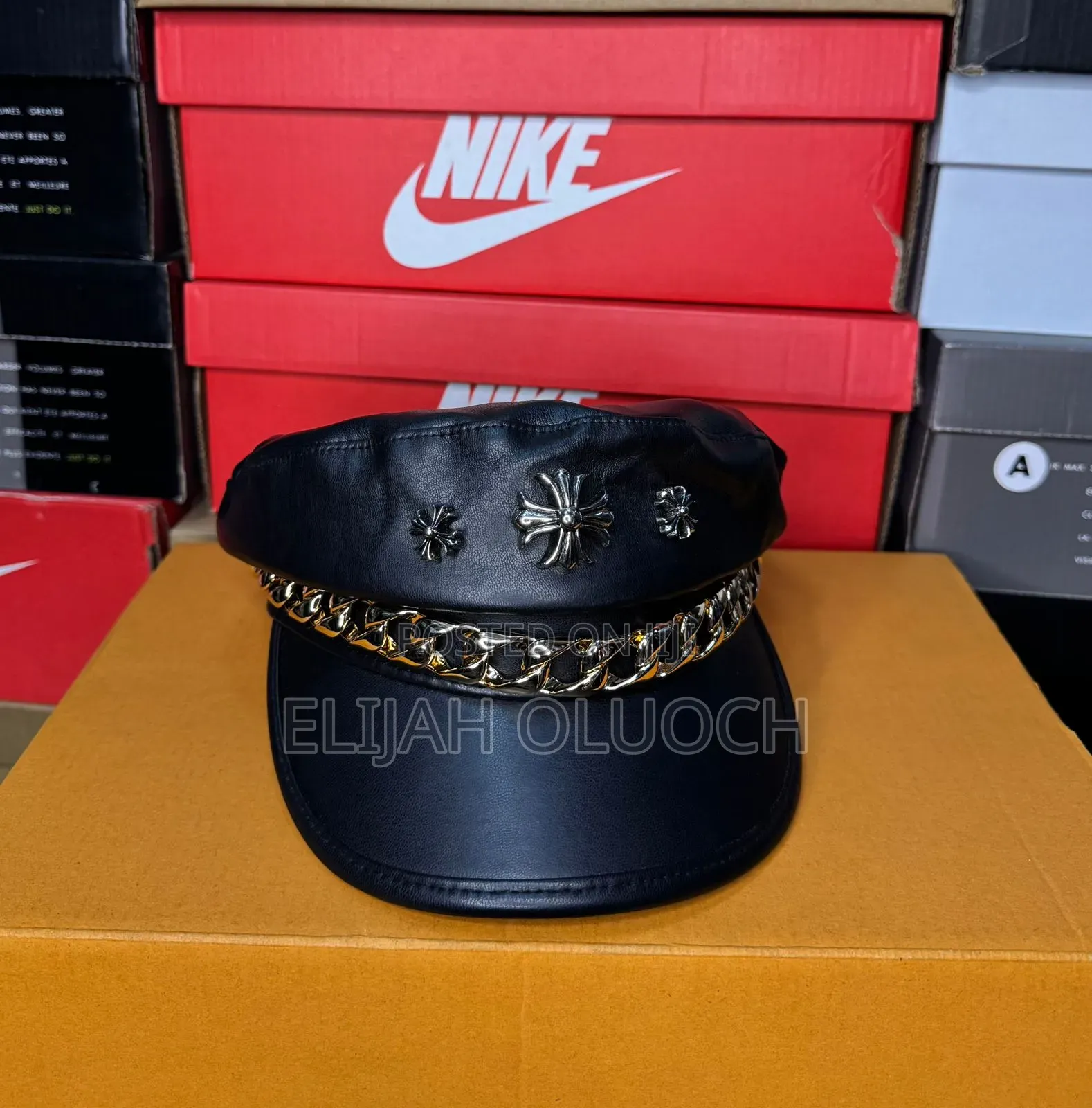 Black Leather Chrome Heart Cap