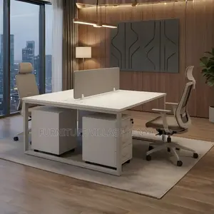 Office Desk; 2-Way Modern White Office Workstation With File Cabinet